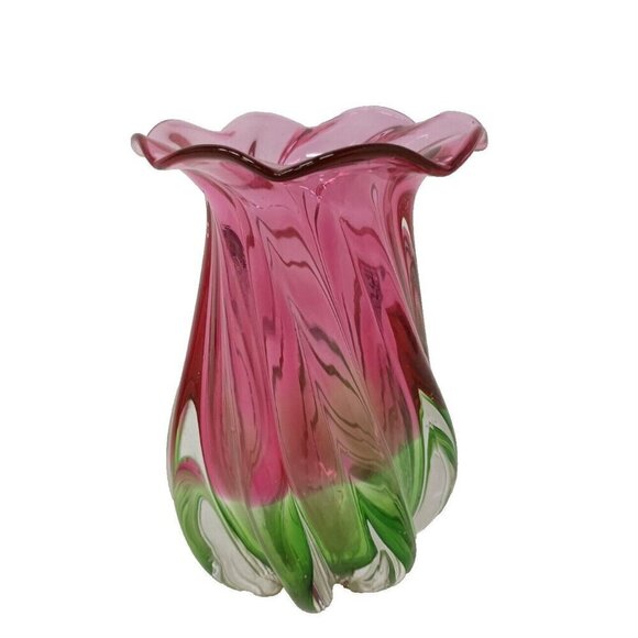 VTG Watermelon Twist Pink Green Art Glass Hand Blown Murano Style Vase 7.5" - Picture 1 of 10